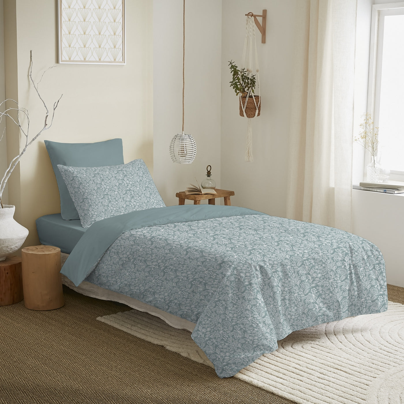 Pack Complet Imprimé (Housse De Couette + Taie(s) + Drap Housse) - 100% Coton 57 Fils - Celeste Glacier