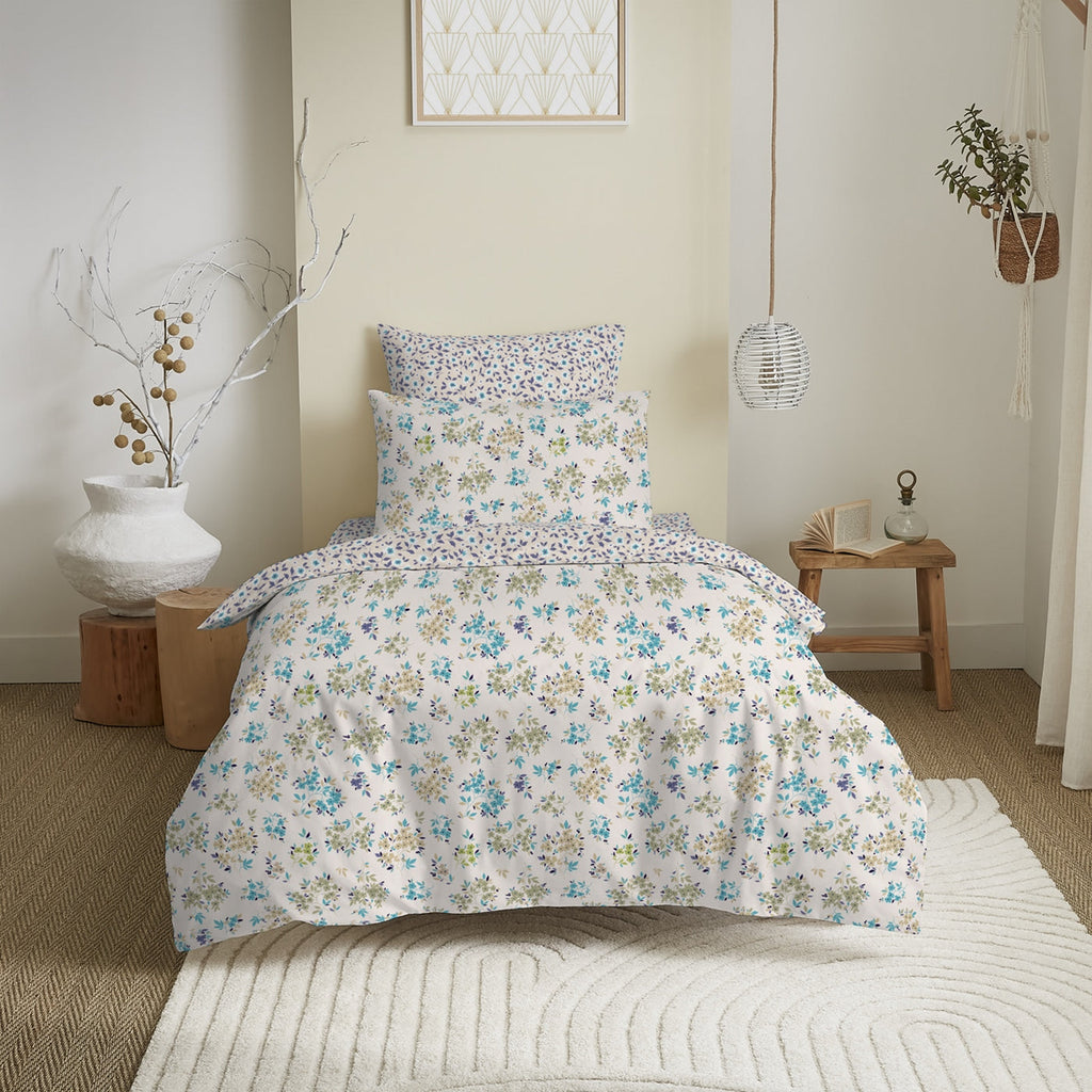 Pack Complet Imprimé (Housse De Couette + Taie(s) + Drap Housse) - 100% Coton 57 Fils - Tanya Cyan