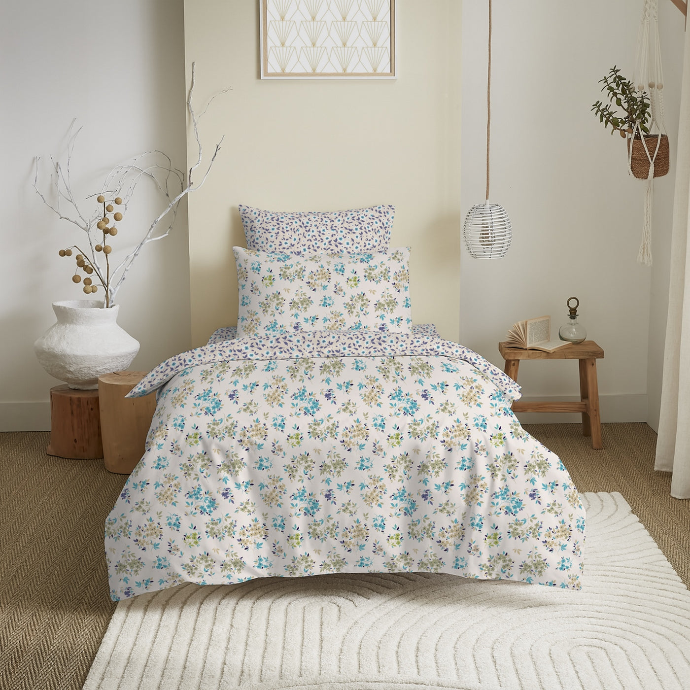 Pack Complet Imprimé (Housse De Couette + Taie(s) + Drap Housse) - 100% Coton 57 Fils - Tanya Cyan