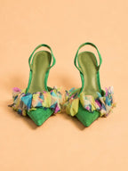Ella Sling In Green Suede & Multicolor Organza