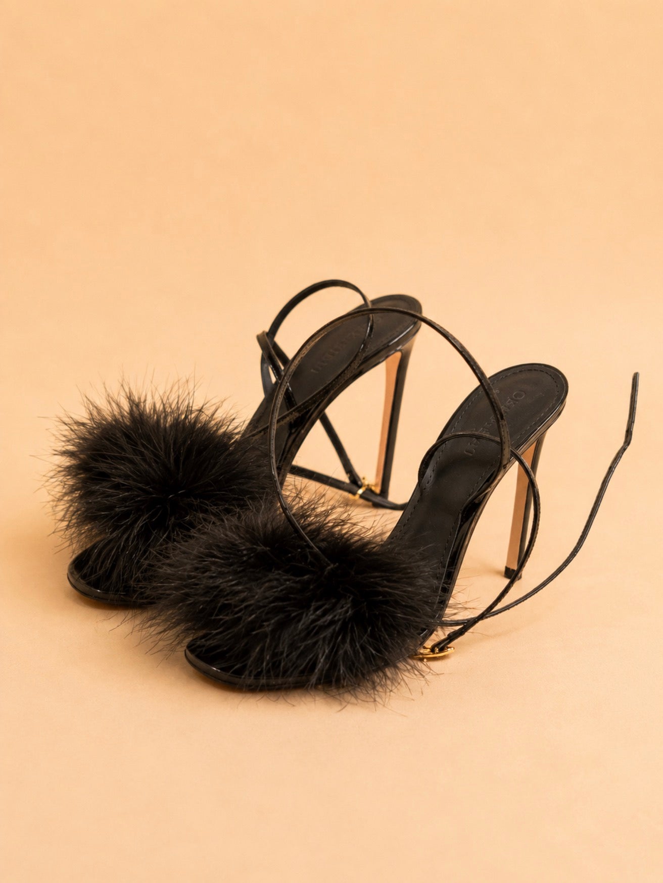 Omyra Sandal In Black Mirrored Leather & Turkey Feathers