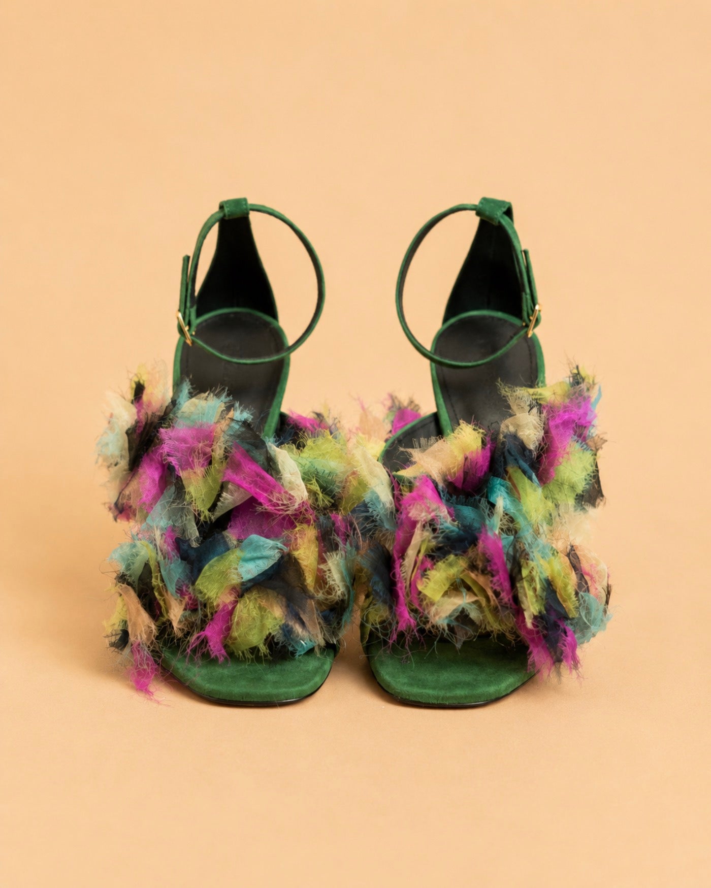 Oluchi Sandal In Green Suede & Multicolor Organza
