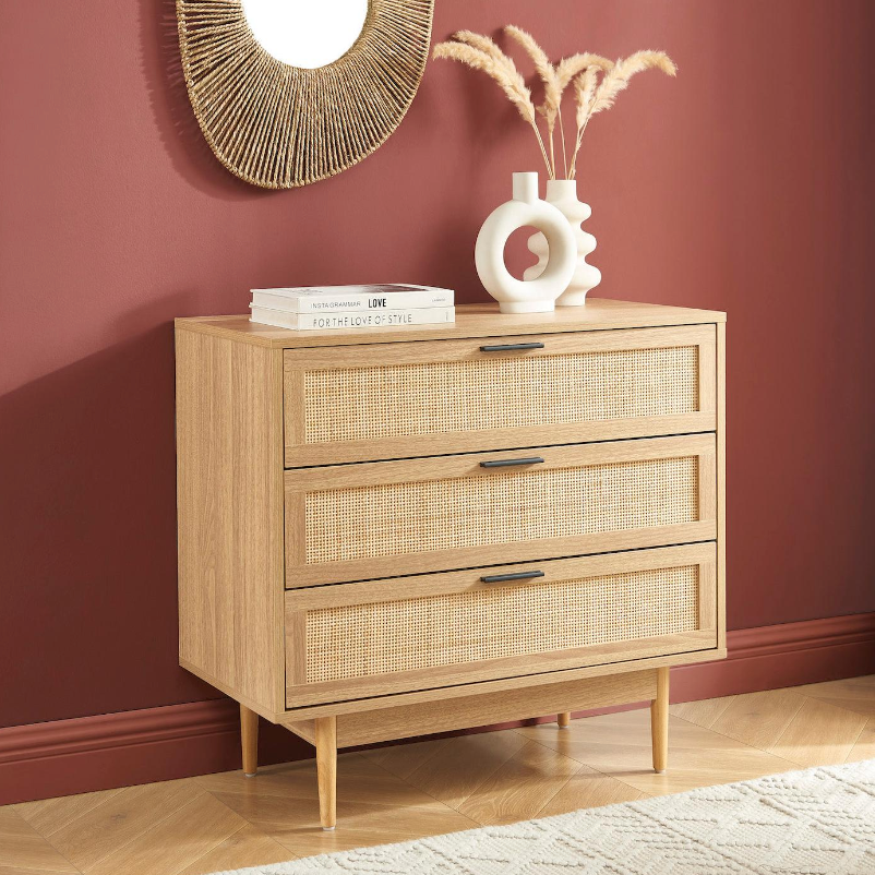 Amana - Commode 3 Tiroirs - Effet Chêne Et Cannage Rotin