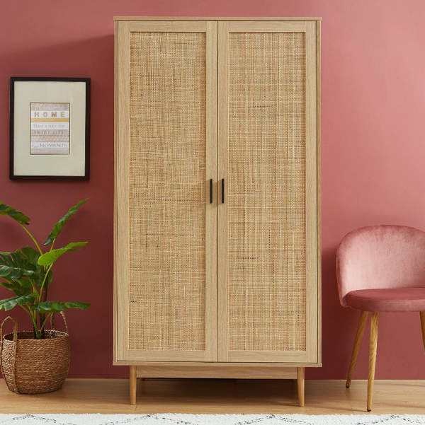 Amana - Armoire 2 Portes - Effet Chêne Et Cannage Rotin