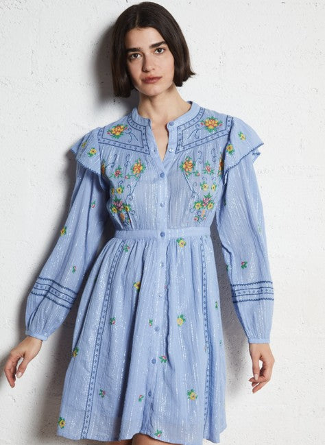 Robe Courte Ml Volants Brodee - Blue-Lavender