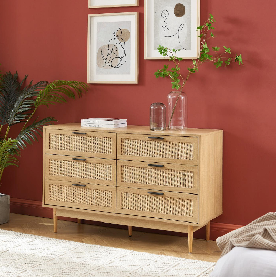 Amana - Commode 6 Tiroirs - Effet Chêne Et Cannage Rotin