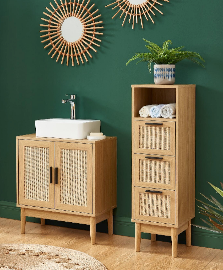 Amana - Meuble Sous Vasque - Effet Chêne Et Cannage Rotin