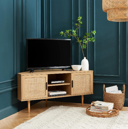 Amana - Meuble Tv D'Angle - Effet Chêne Et Cannage Rotin