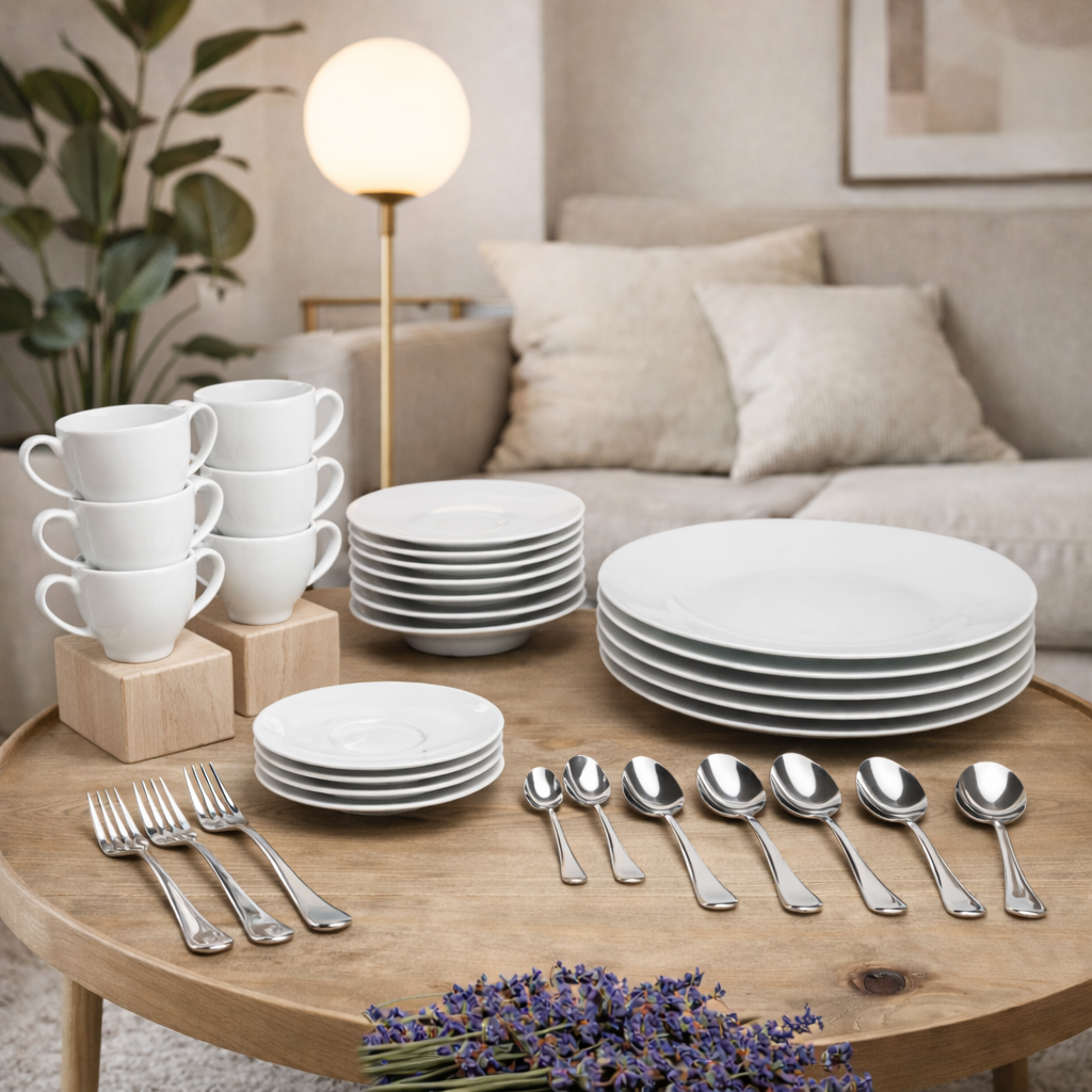 Sven Blanc - Ensemble Dessert & Goûter 30 Pièces - Porcelaine/Acier Inoxydable - Blanc