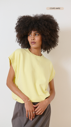 Sweat jaune sans manches, col rond, coupe légèrement oversize, style décontracté et moderne