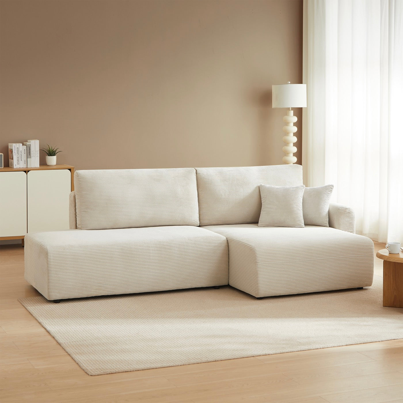 Danilo - Canapé D'Angle Droit Ouvert Convertible 4 Places - Velours Côtelé Beige