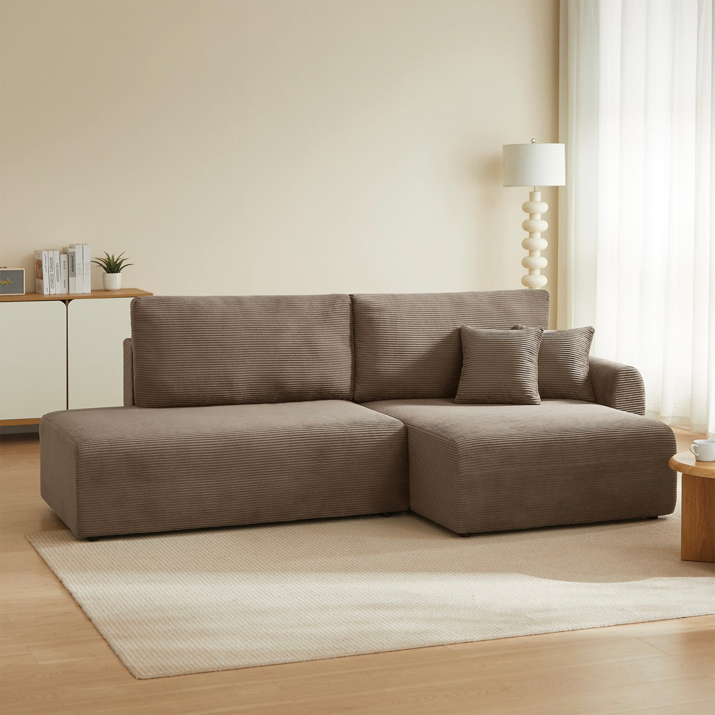 Danilo - Canapé D'Angle Droit Ouvert Convertible 4 Places - Velours Côtelé Taupe