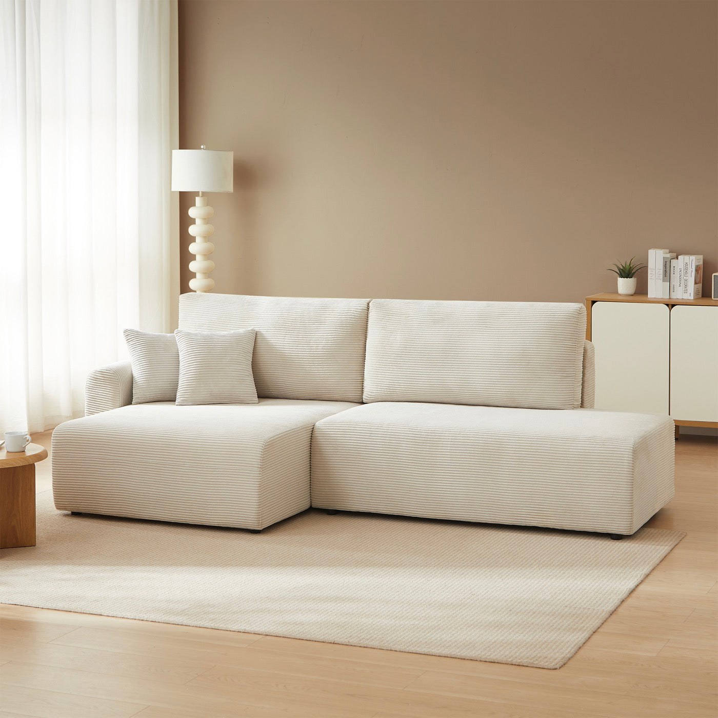 Danilo - Canapé D'Angle Gauche Ouvert Convertible 4 Places - Velours Côtelé Beige