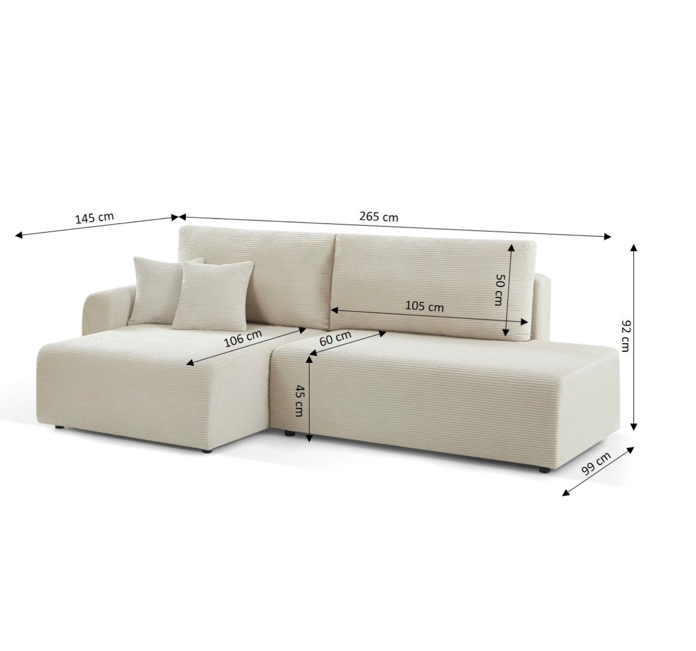 Danilo - Canapé D'Angle Gauche Ouvert Convertible 4 Places - Velours Côtelé Beige