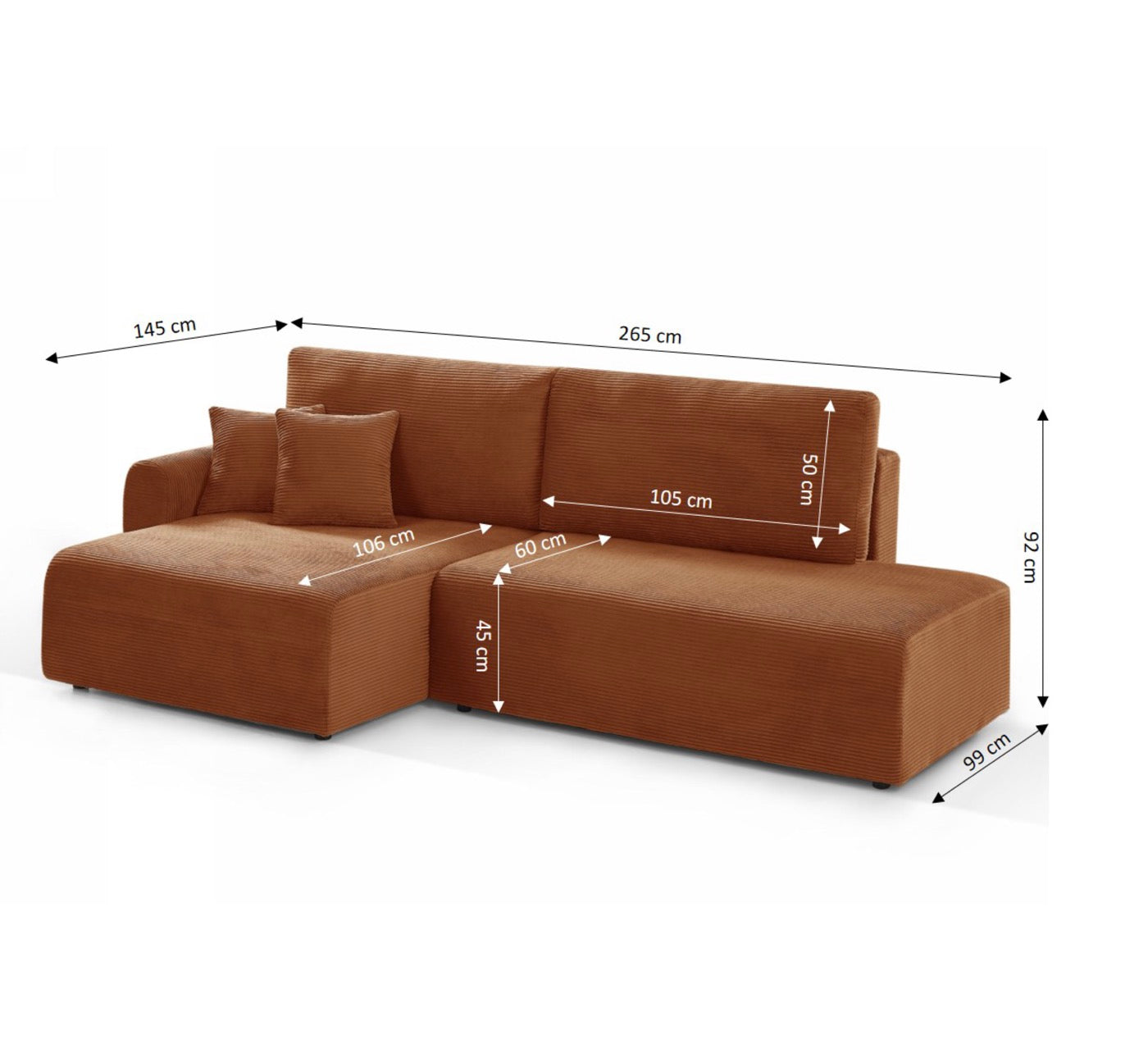 Danilo - Canapé D'Angle Gauche Ouvert Convertible 4 Places - Velours Côtelé Terracotta