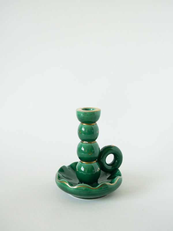 Bougeoir En Céramique, Vert & Doré, 1960