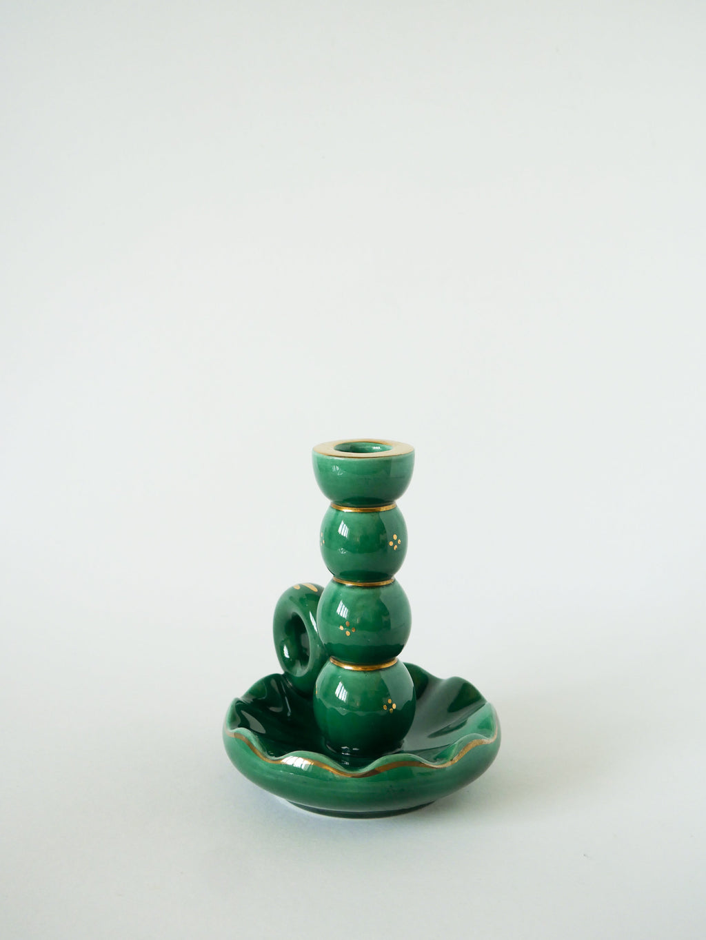 Bougeoir En Céramique, Vert & Doré, 1960