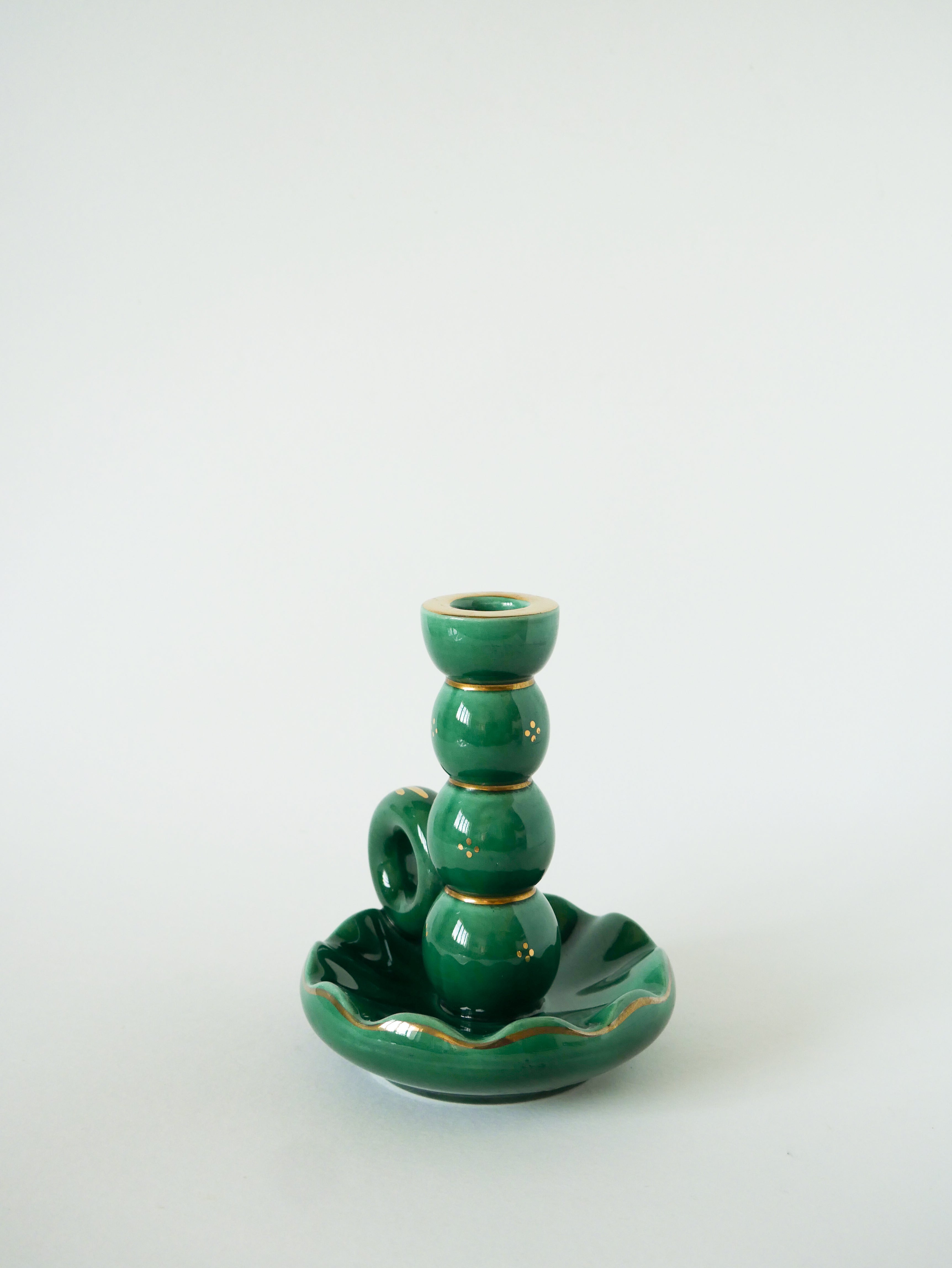 Bougeoir En Céramique, Vert & Doré, 1960