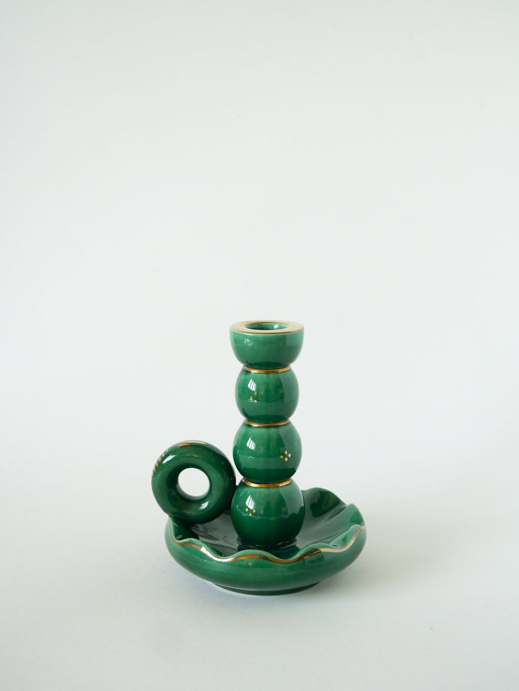 Bougeoir En Céramique, Vert & Doré, 1960