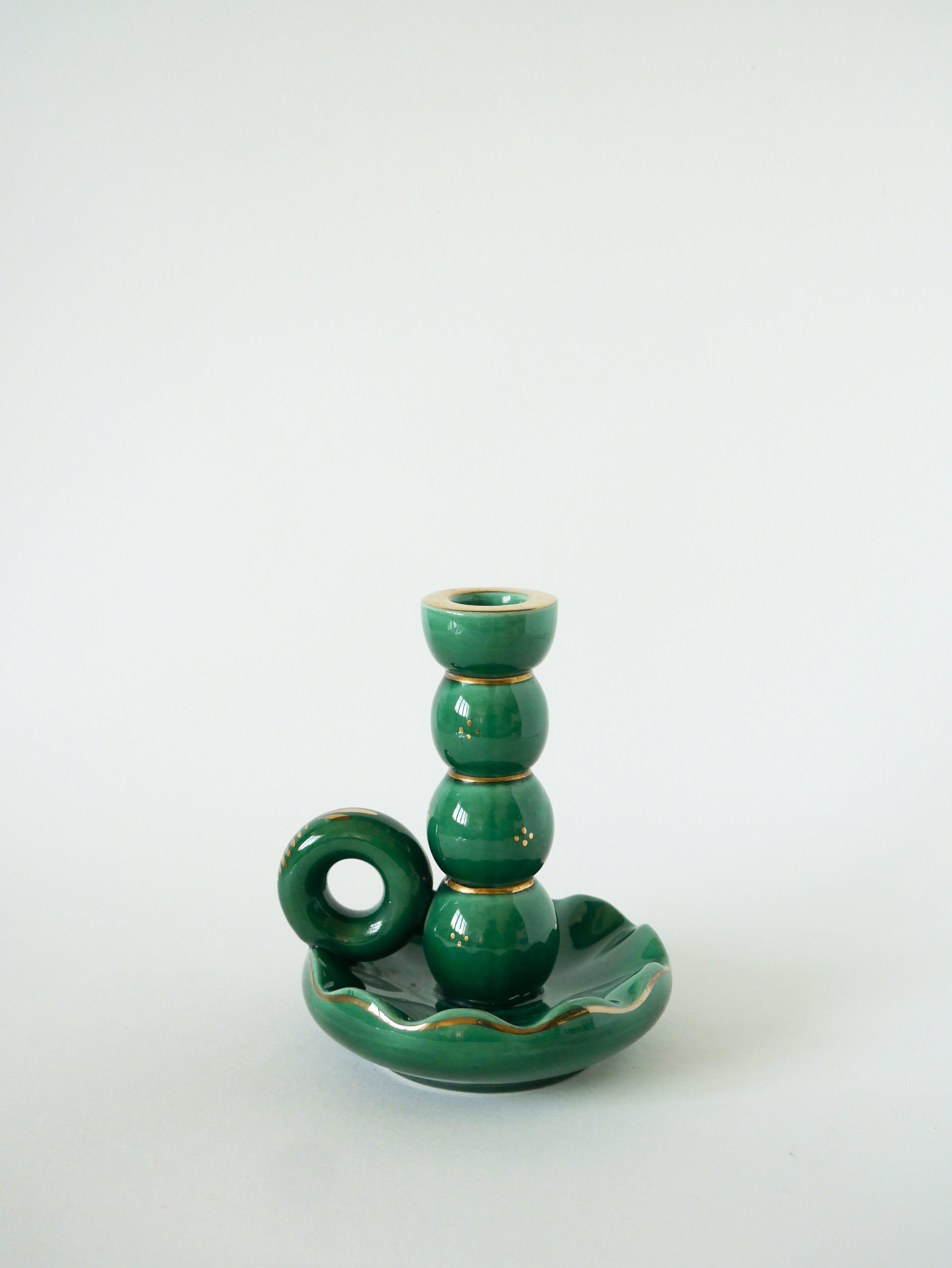 Bougeoir En Céramique, Vert & Doré, 1960