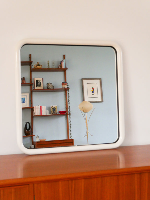 Grand Miroir En Métal Tubulaire, Forme Carrée, Blanc, Made In Italy, Design, 1970