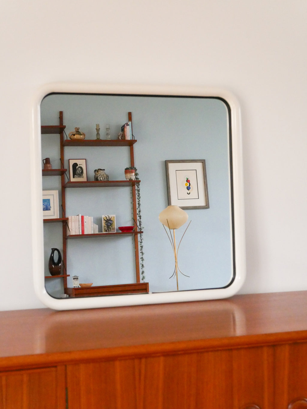 Grand Miroir En Métal Tubulaire, Forme Carrée, Blanc, Made In Italy, Design, 1970