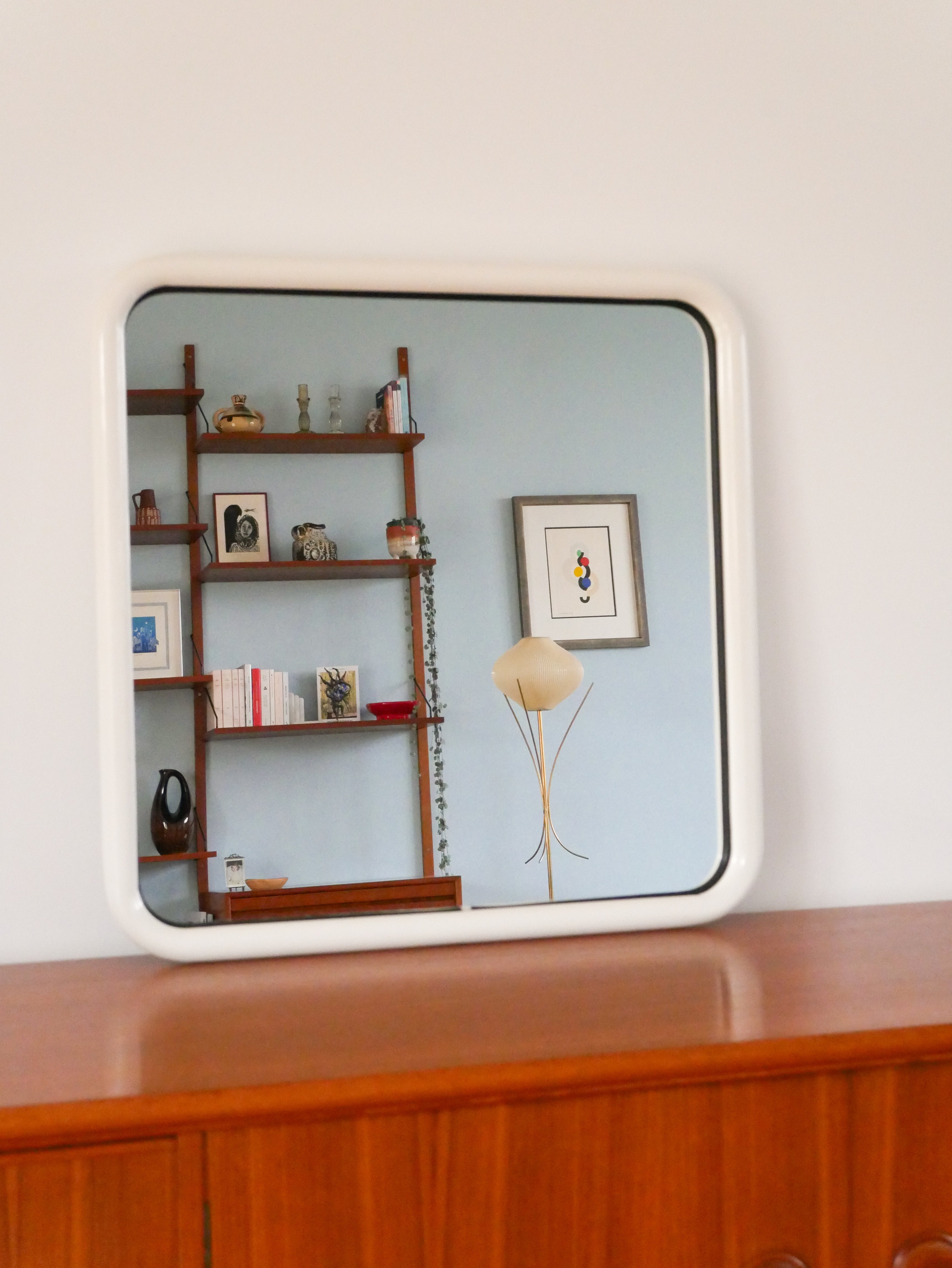 Grand Miroir En Métal Tubulaire, Forme Carrée, Blanc, Made In Italy, Design, 1970