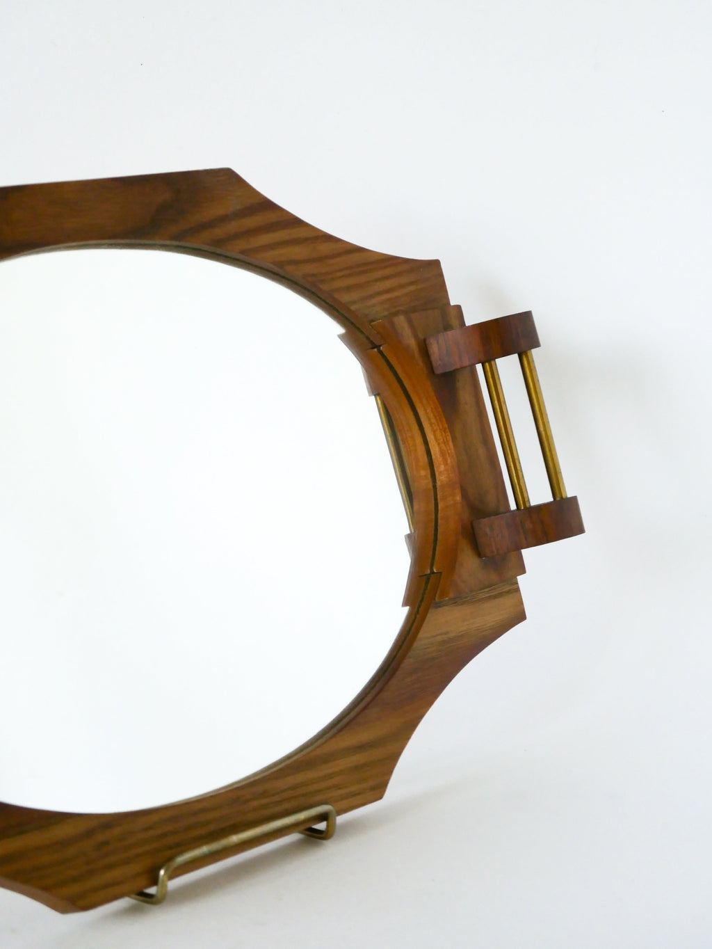 Plateau Miroir En Bois De Hêtre, Octogonal, Poignées En Laiton, 1950