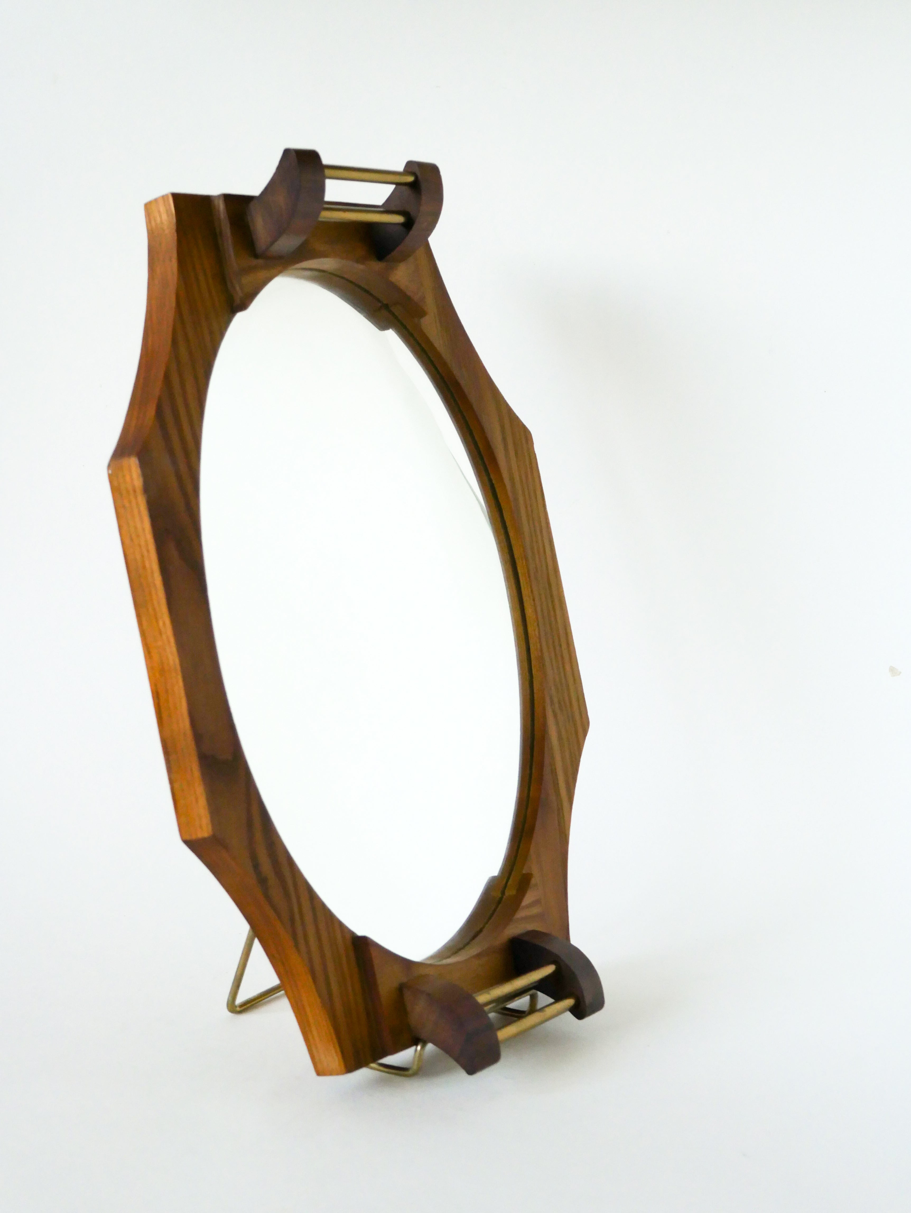 Plateau Miroir En Bois De Hêtre, Octogonal, Poignées En Laiton, 1950