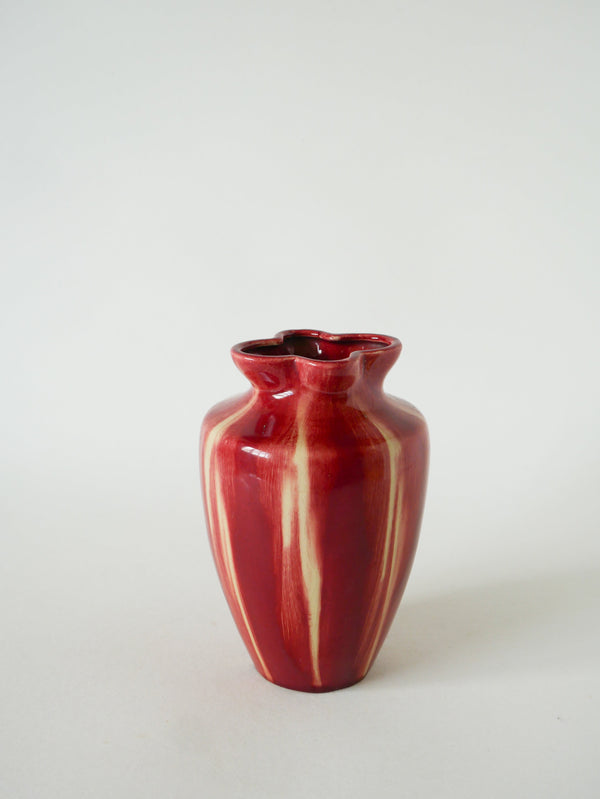 Vase En Céramique Vernissée, Encolure Fleur, Bordeaux, 1970 - 17 X 13 Cm