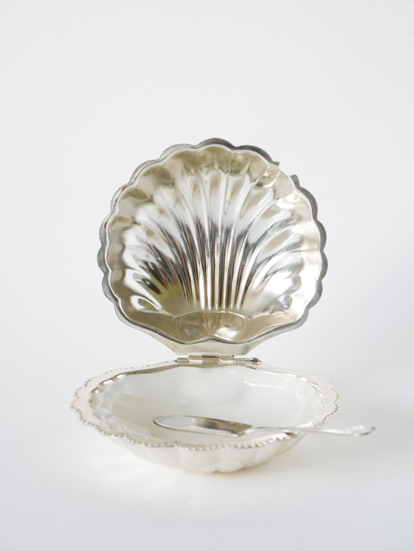 Beurrier Coquillage En Inox Et Verre Blanc - Avec Couteau - 1970