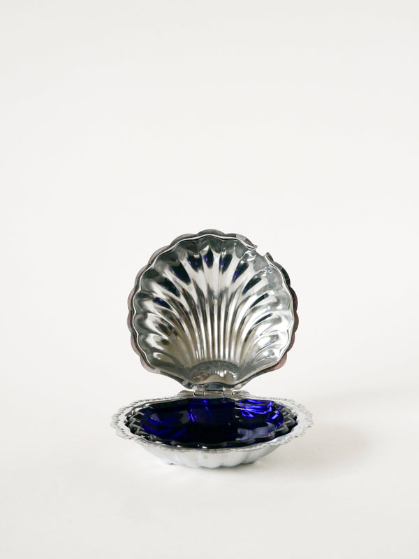 Vide-Poche Coquillage En Inox Avec Intérieur En Verre Bleu - Design 1970