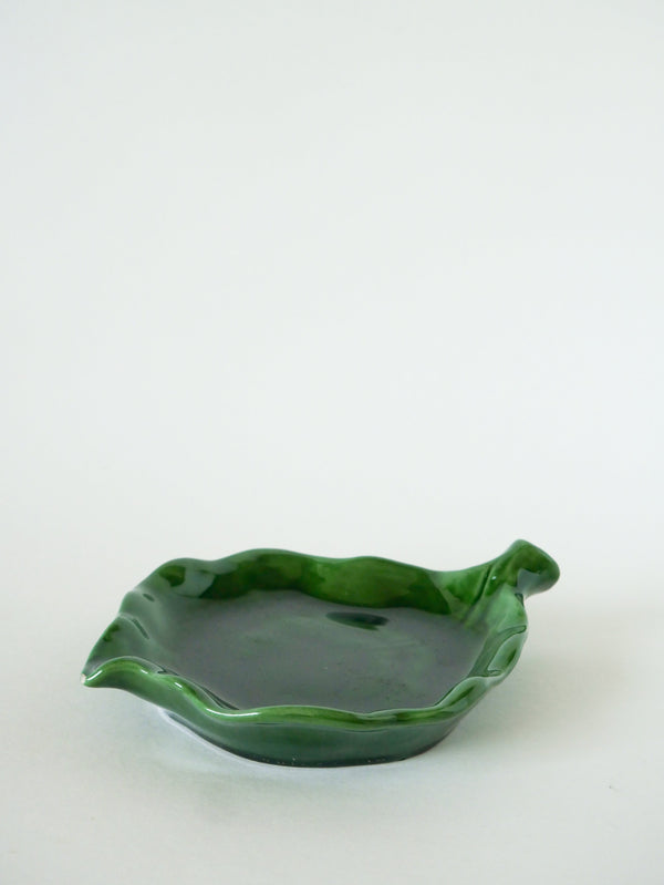 Vide-Poche Feuille En Barbotine, Vert, 1970 - 14 X 14 Cm
