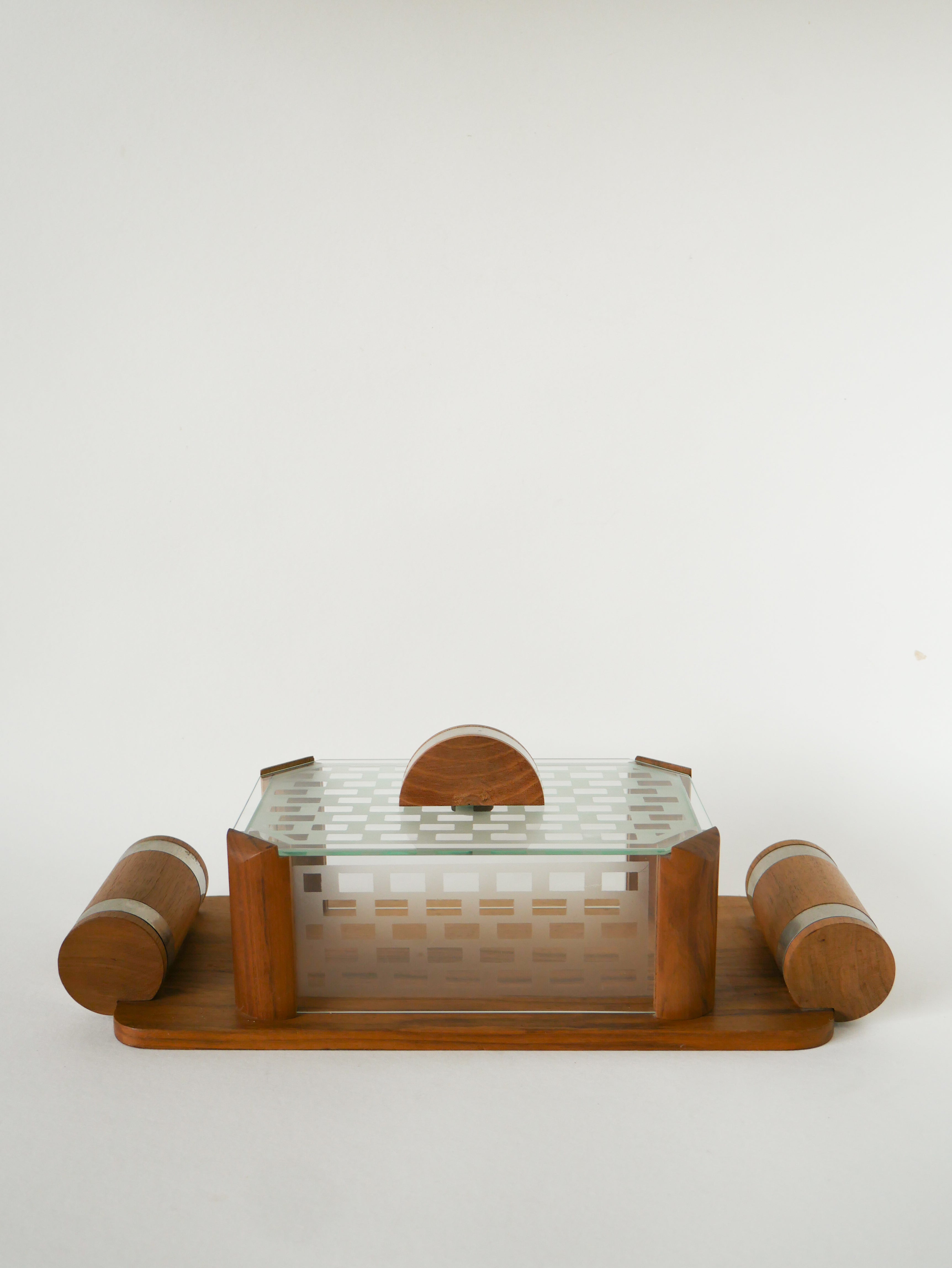 Boîte À Biscuits En Bois, Verre Et Chrome, Art Déco, 1940