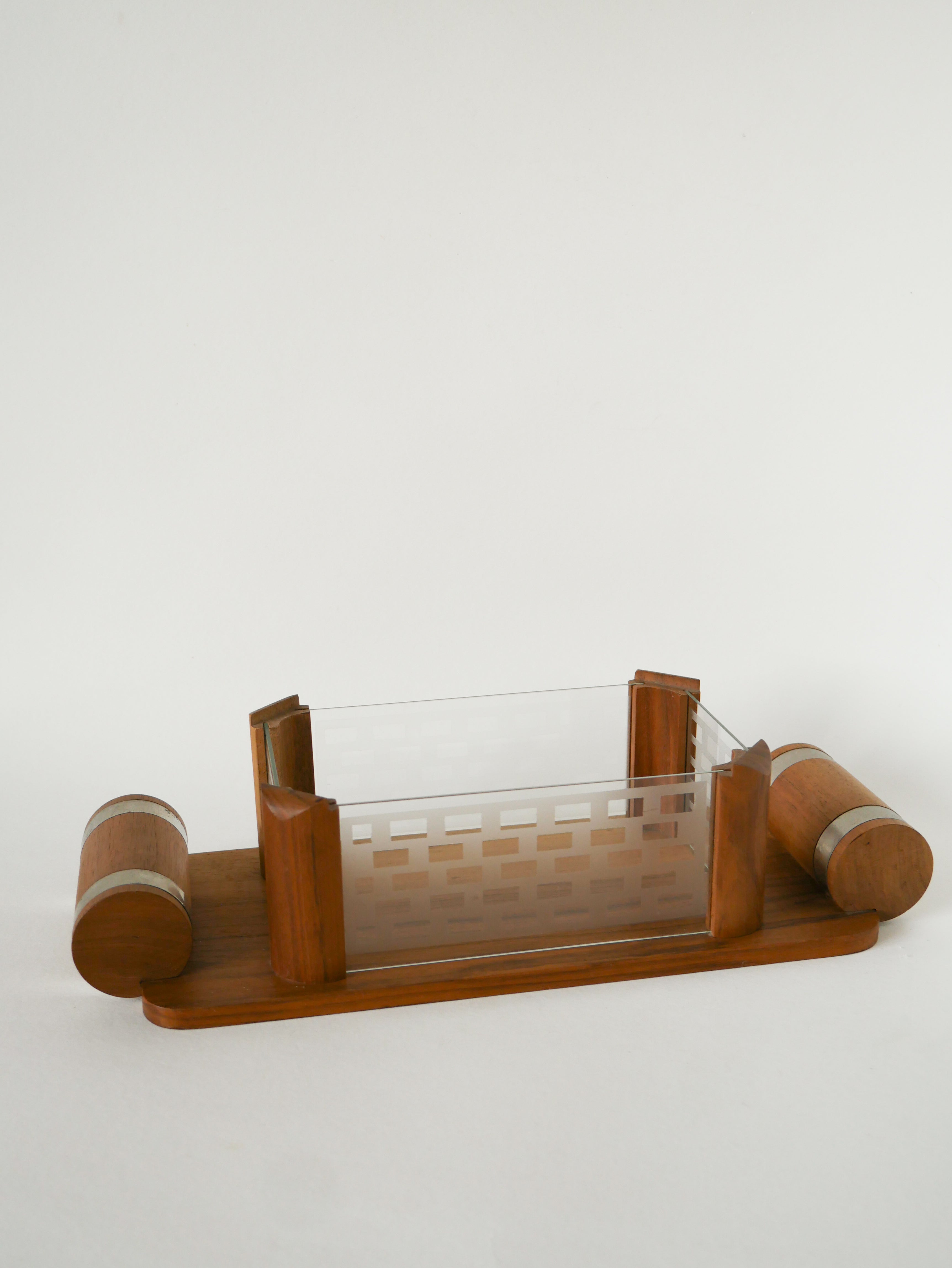 Boîte À Biscuits En Bois, Verre Et Chrome, Art Déco, 1940