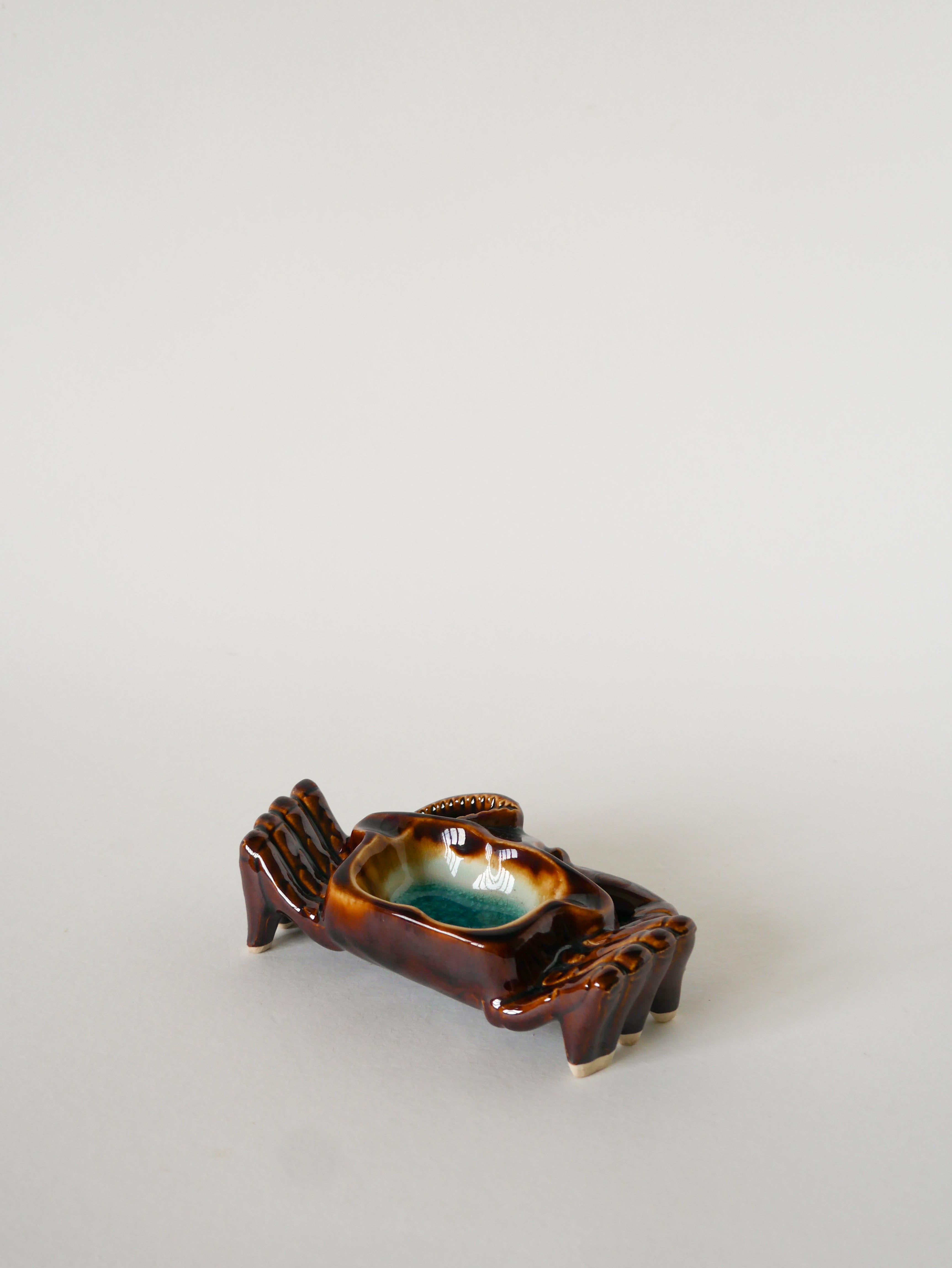 Vide-Poche En Céramique, Crabe, Marron Et Bleu, 1970