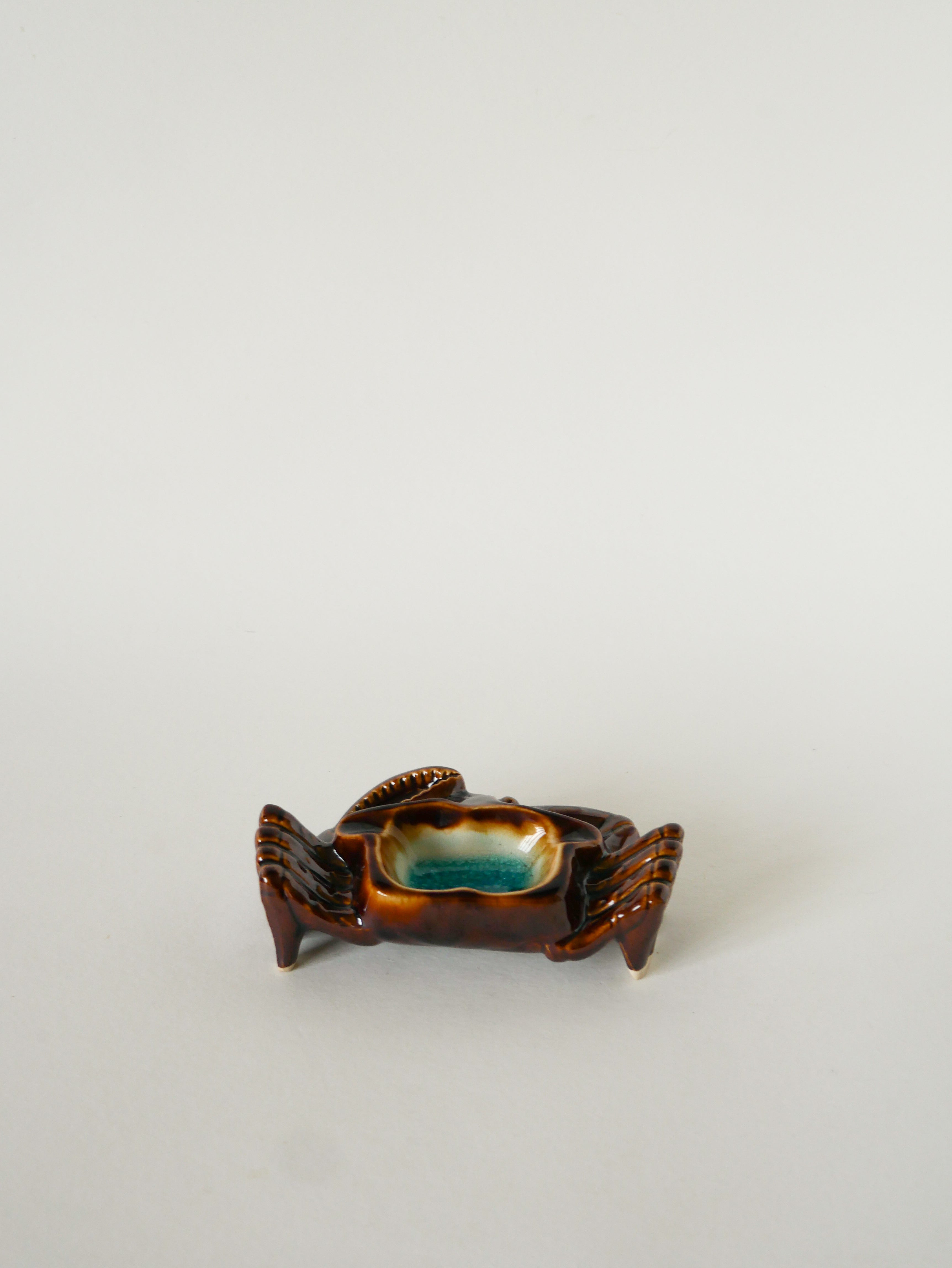 Vide-Poche En Céramique, Crabe, Marron Et Bleu, 1970