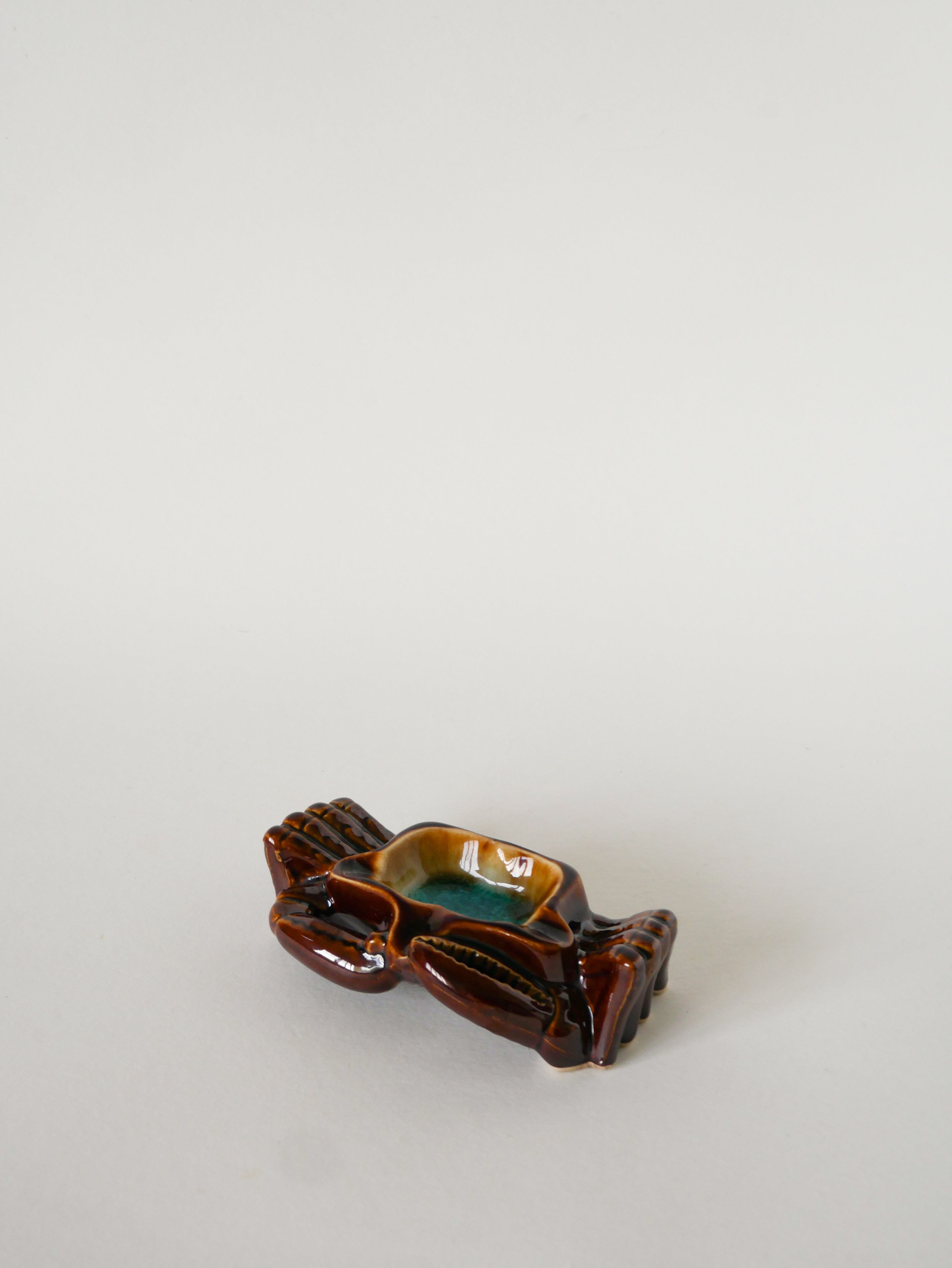 Vide-Poche En Céramique, Crabe, Marron Et Bleu, 1970