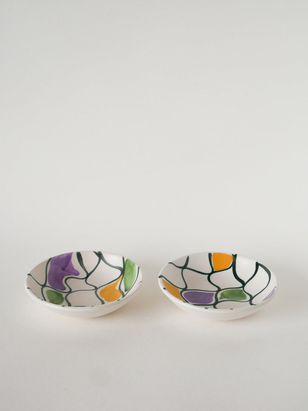Paire De Ramequins En Céramique, Motifs Abstraits Jaune, Violet Et Vert, Modèle Pornic, 1960