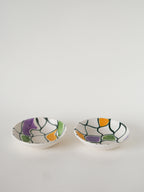 Paire De Ramequins En Céramique, Motifs Abstraits Jaune, Violet Et Vert, Modèle Pornic, 1960