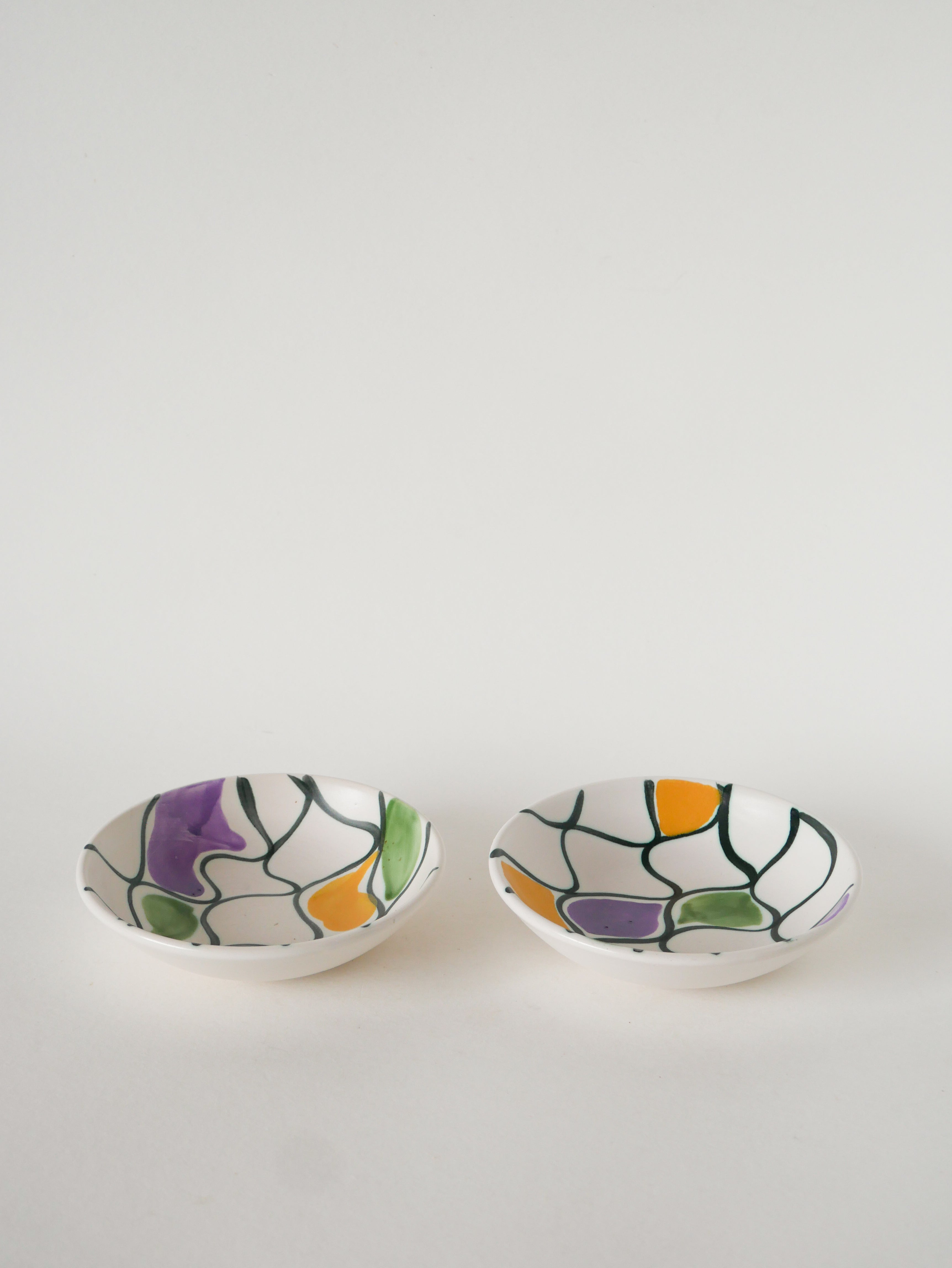 Paire De Ramequins En Céramique, Motifs Abstraits Jaune, Violet Et Vert, Modèle Pornic, 1960