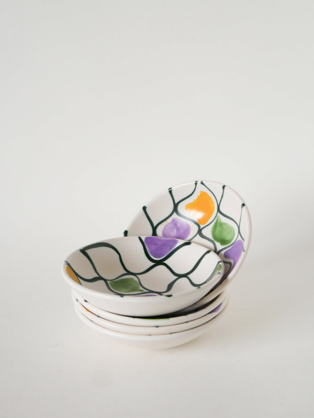 Paire De Ramequins En Céramique, Motifs Abstraits Jaune, Violet Et Vert, Modèle Pornic, 1960