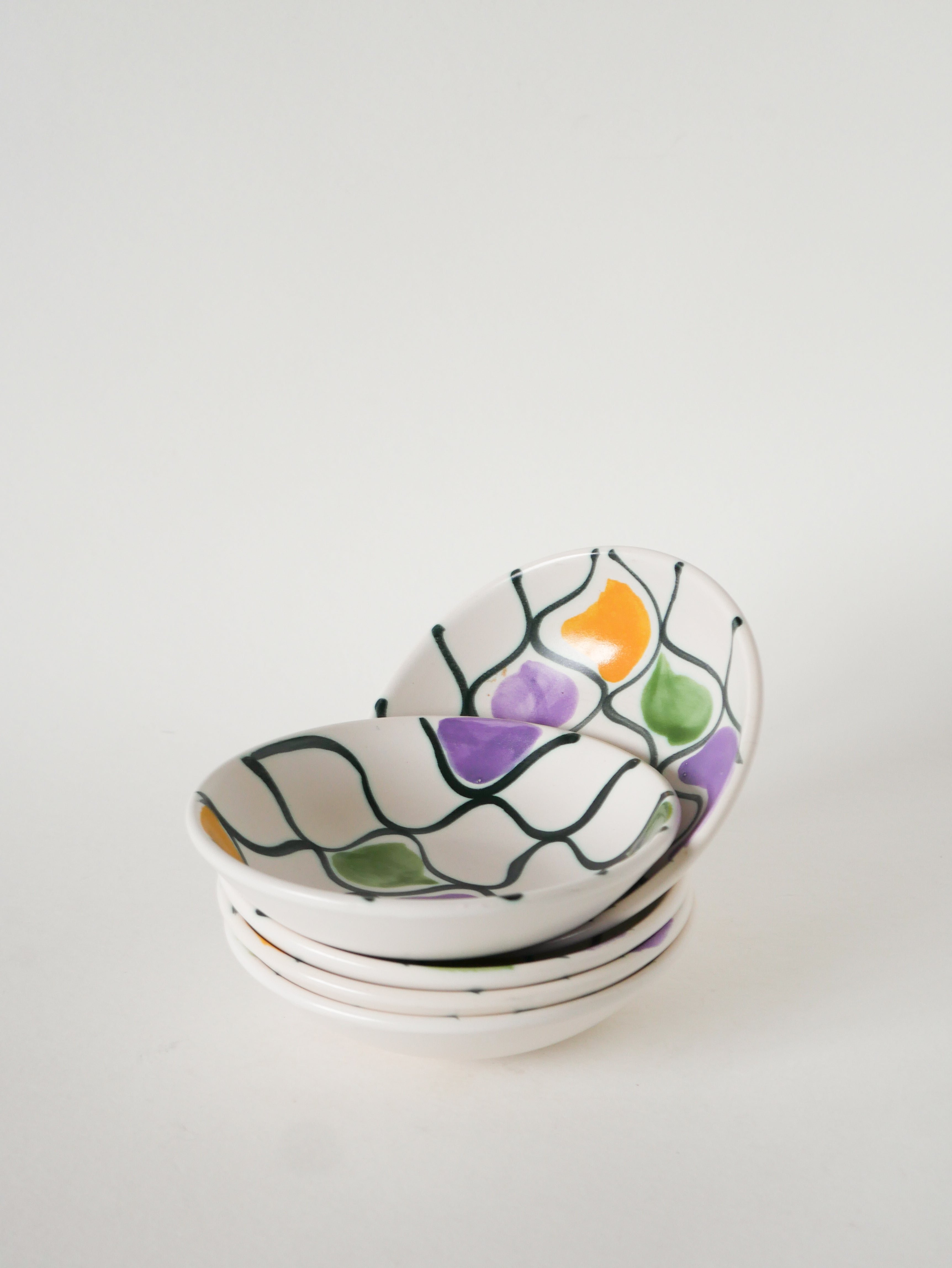 Paire De Ramequins En Céramique, Motifs Abstraits Jaune, Violet Et Vert, Modèle Pornic, 1960