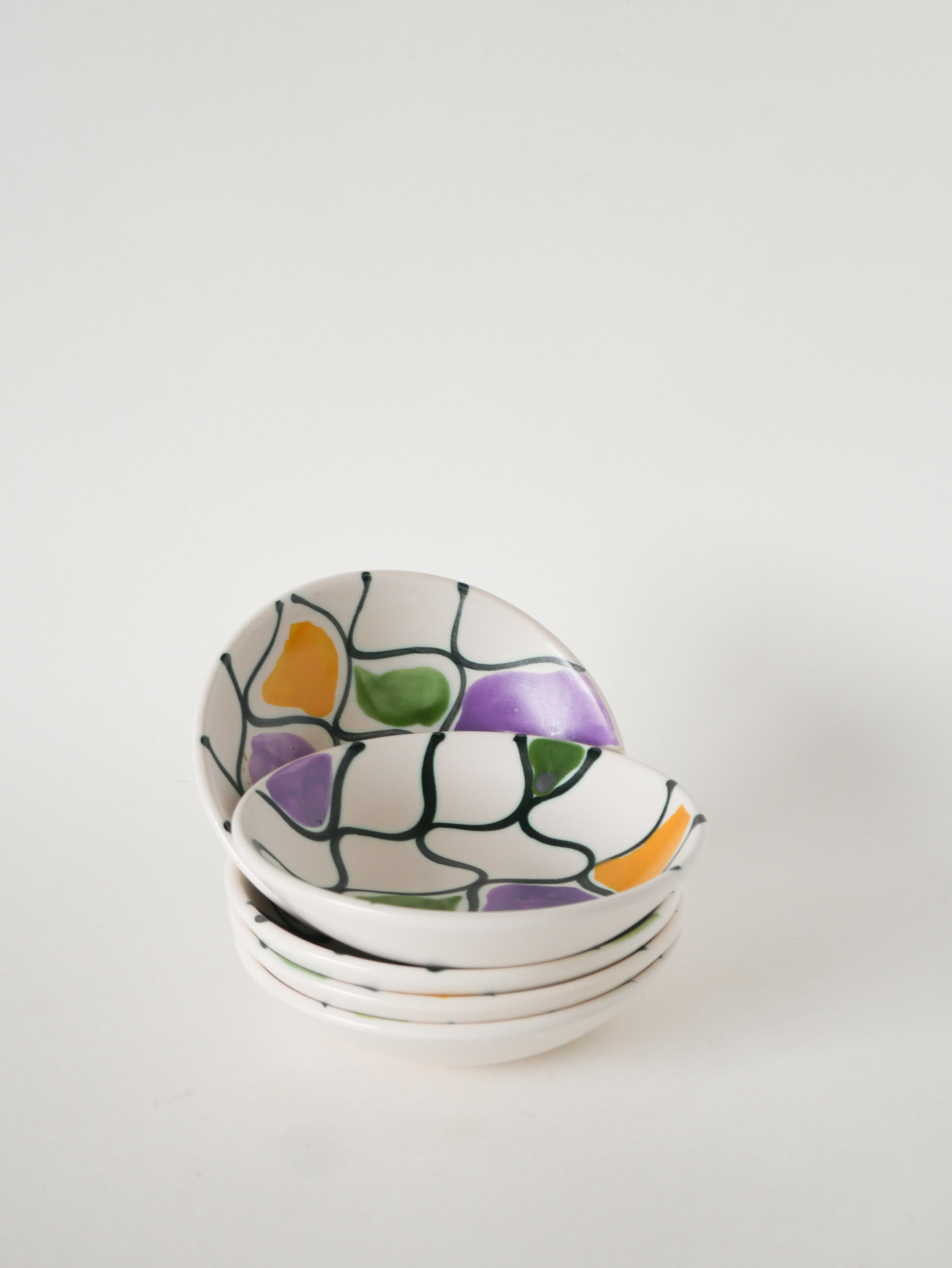 Paire De Ramequins En Céramique, Motifs Abstraits Jaune, Violet Et Vert, Modèle Pornic, 1960