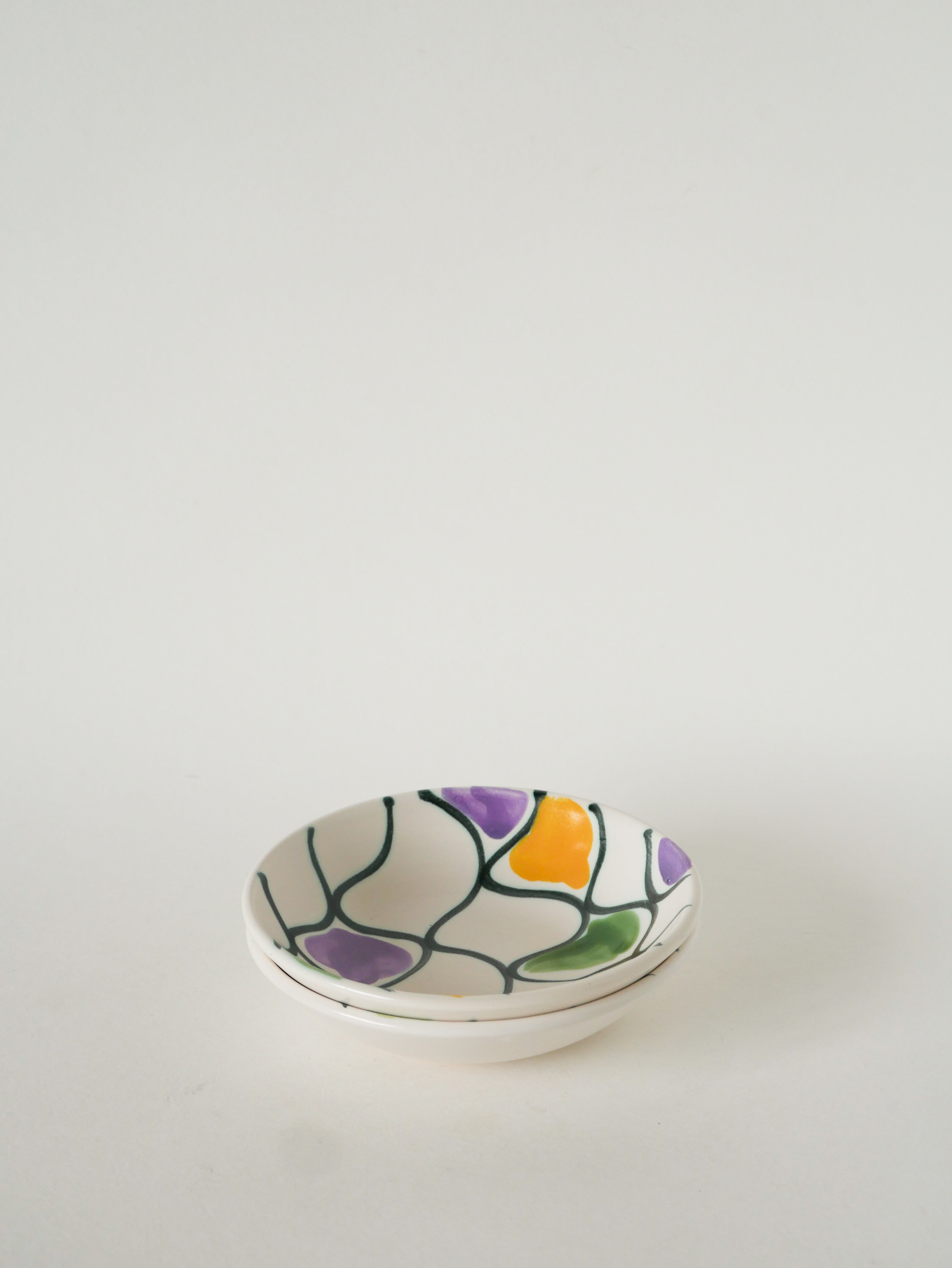 Paire De Ramequins En Céramique, Motifs Abstraits Jaune, Violet Et Vert, Modèle Pornic, 1960