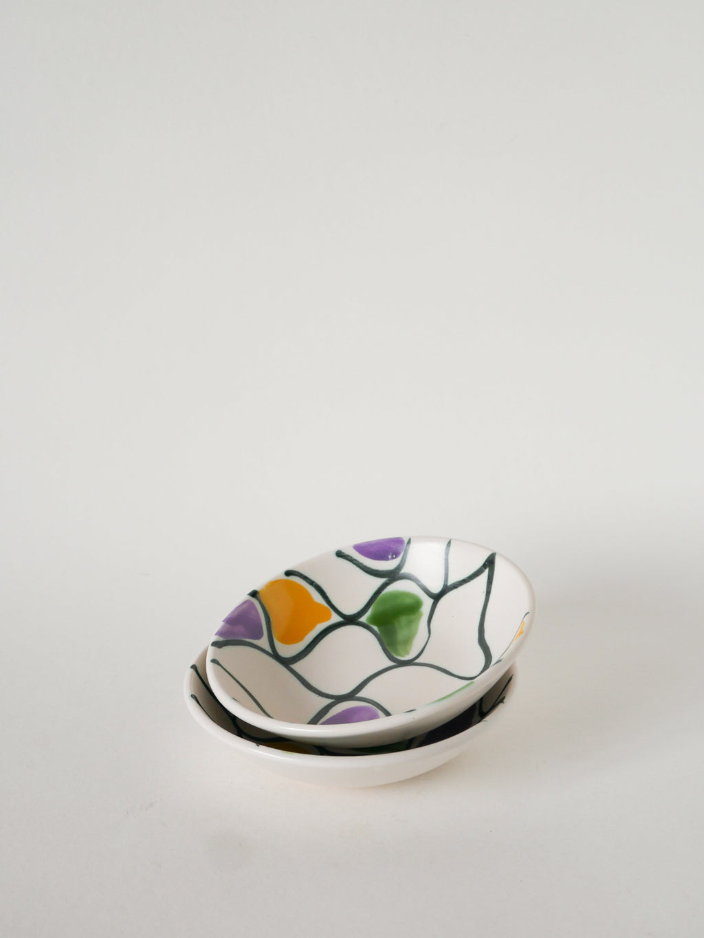 Paire De Ramequins En Céramique, Motifs Abstraits Jaune, Violet Et Vert, Modèle Pornic, 1960
