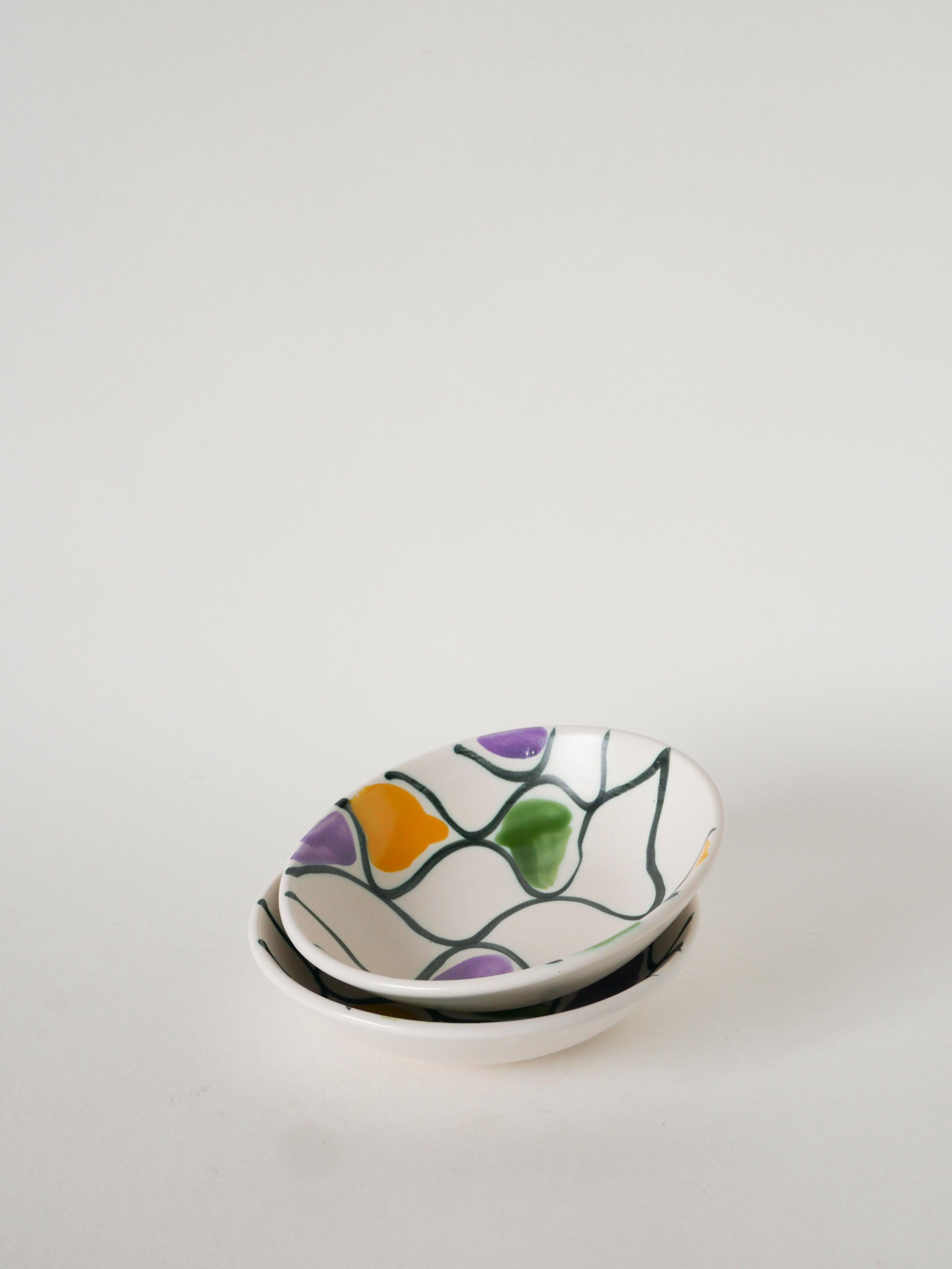 Paire De Ramequins En Céramique, Motifs Abstraits Jaune, Violet Et Vert, Modèle Pornic, 1960