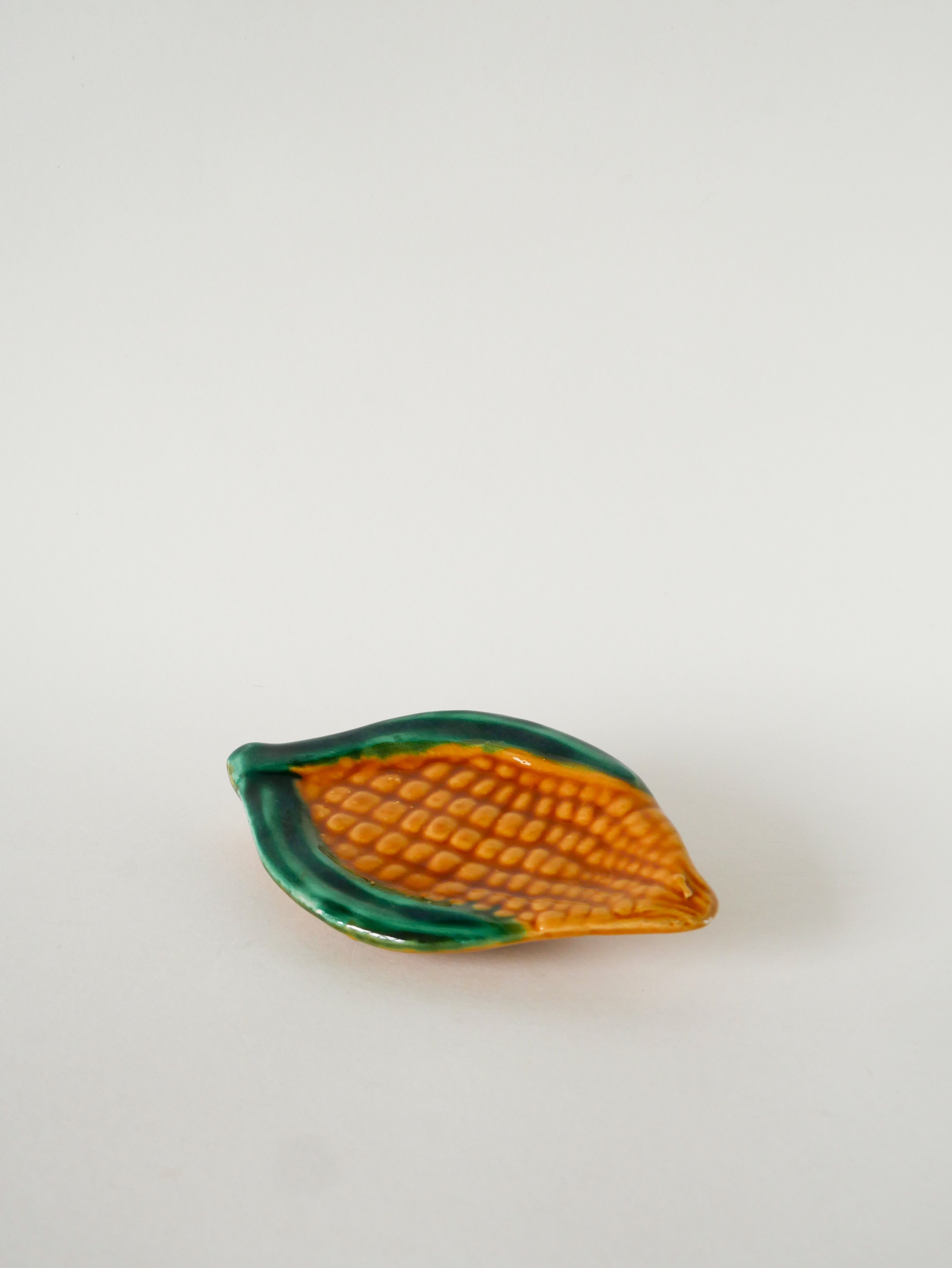 Vide-Poche En Barbotine, Modèle Maïs, Jaune Et Vert, Signé Vallauris, 1970