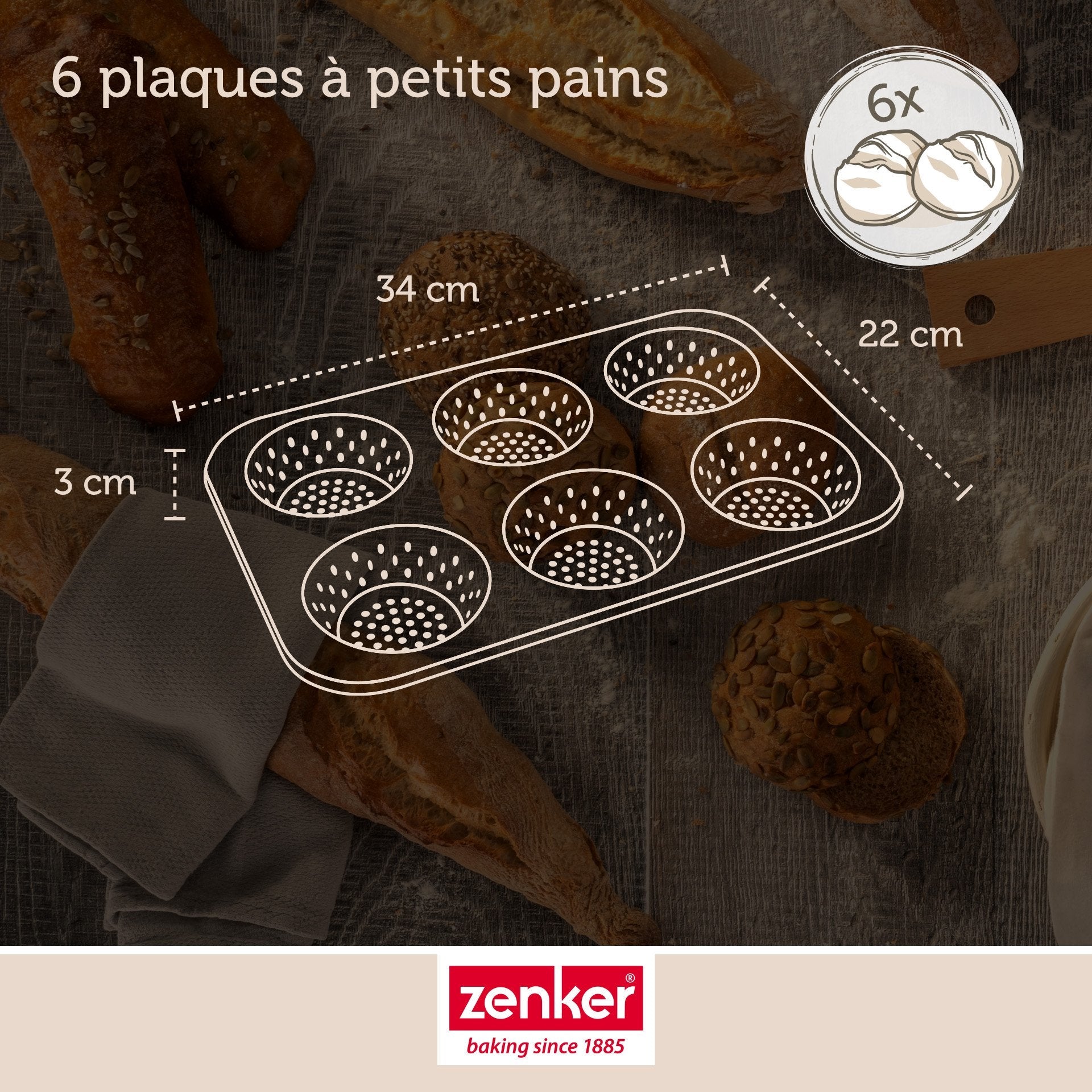 Zenker - Moule À Petits Pains Individuels Ronds 6 Empreintes 33 X 22 Cm Zenker Mojave Gold - Or