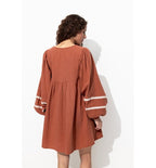 Robe Folk Brodée Femme - Marron Uni Clair